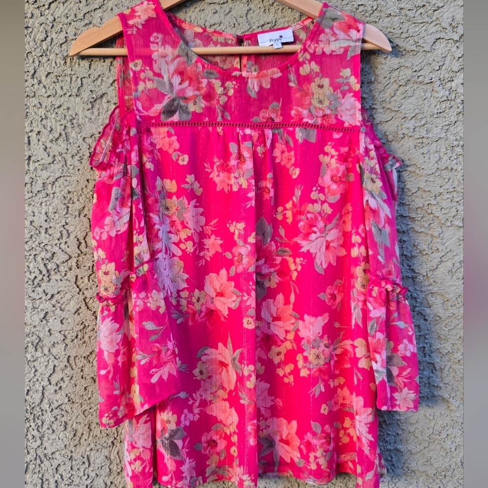 Poppi Pink Floral Cold Shoulder Blouse